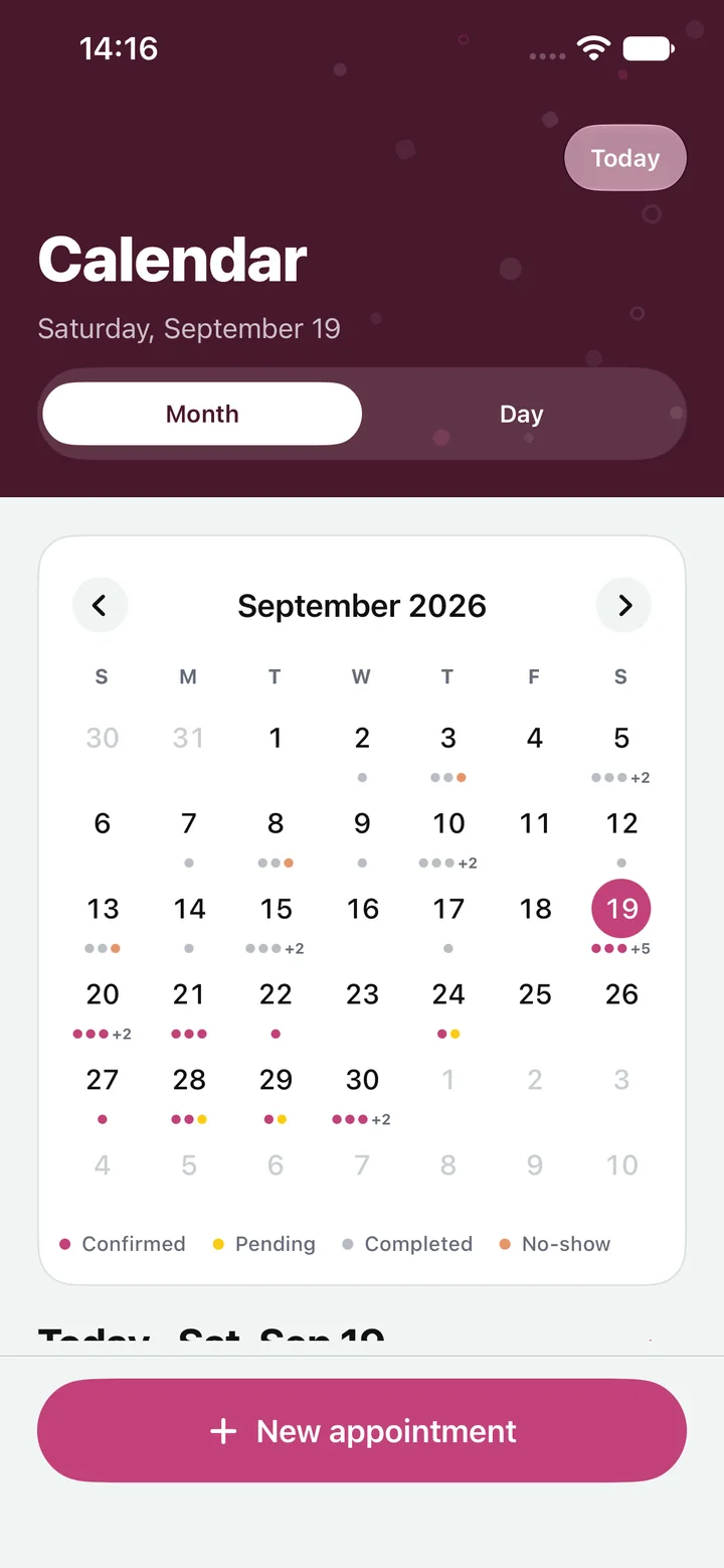 Climo calendar month view with confirmed, pending and completed bookings