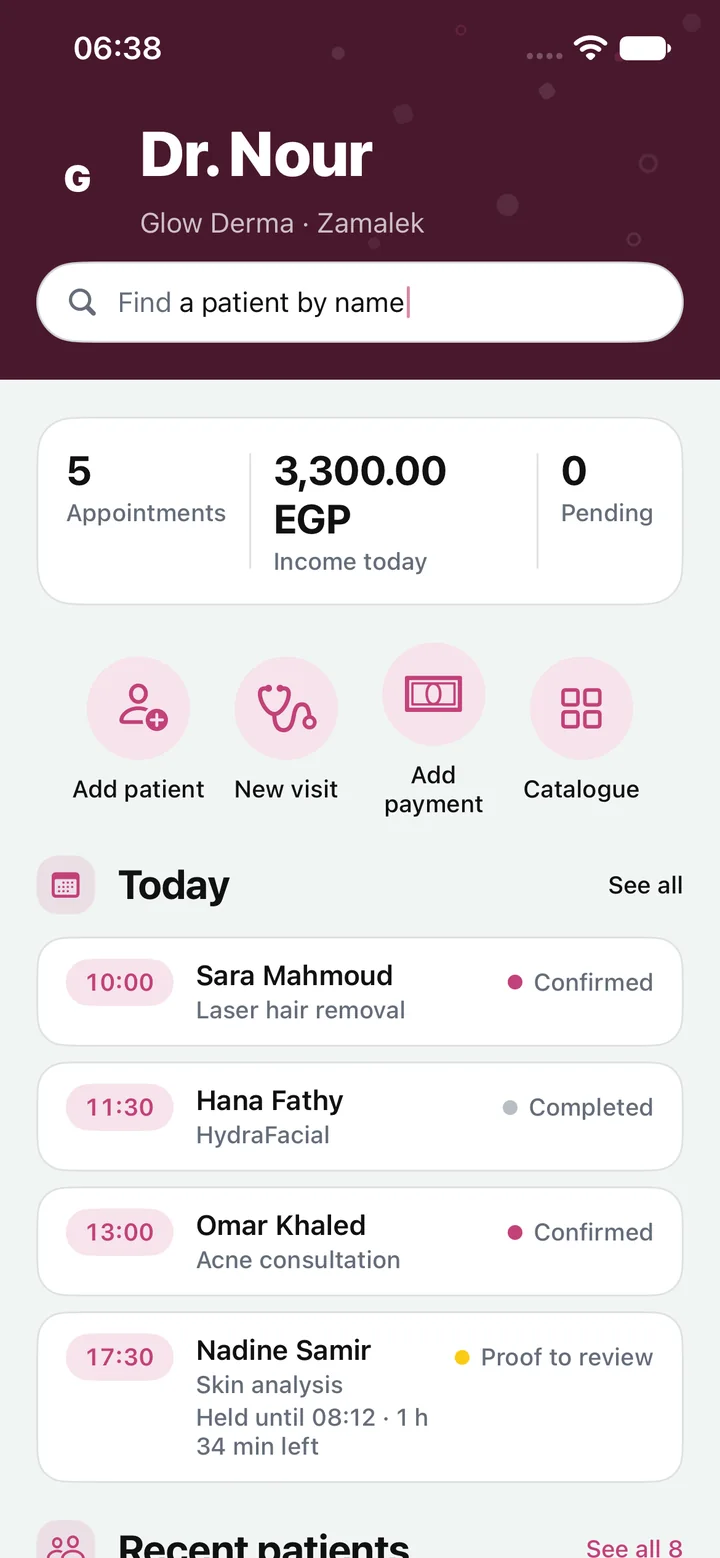 Climo doctor home: today's appointments, income and quick actions