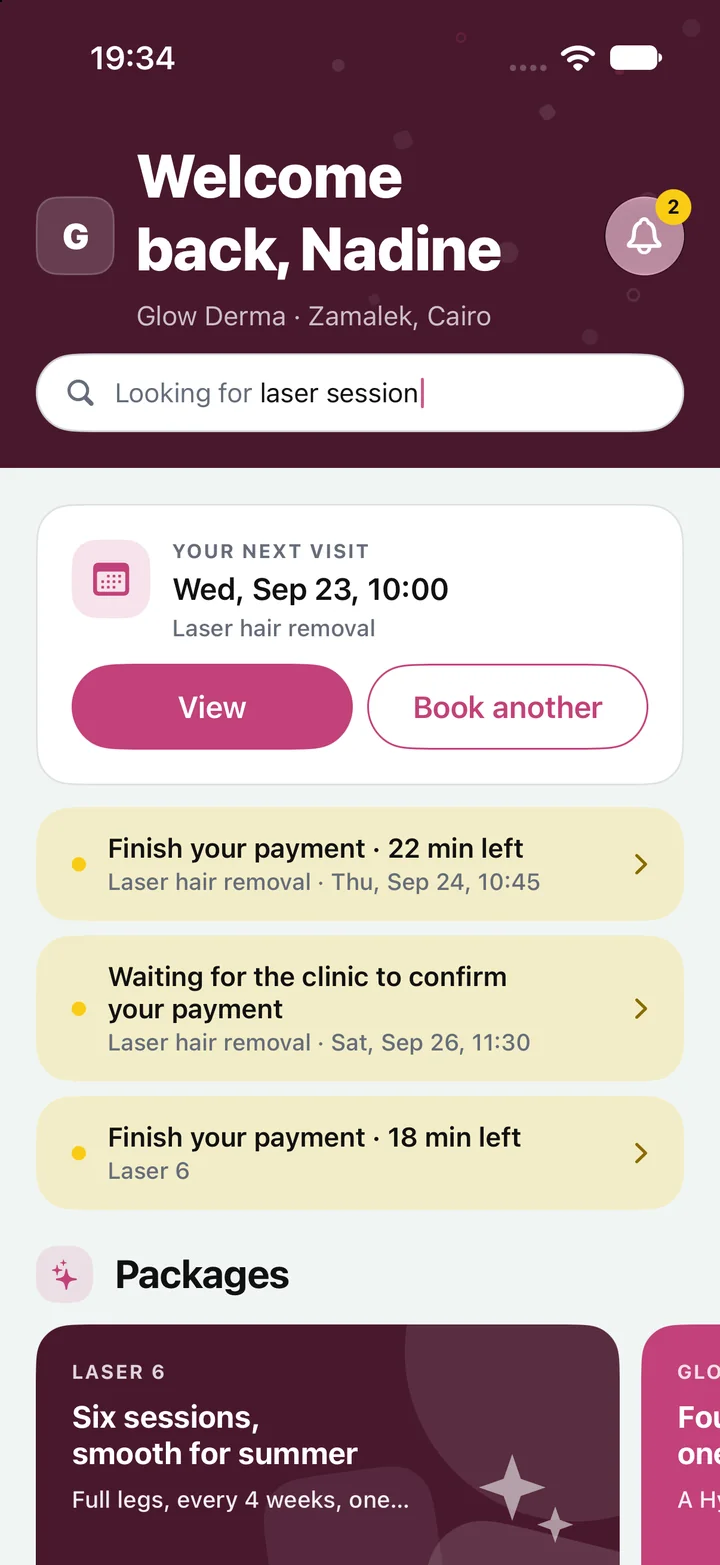 Climo patient home: next visit, payment reminders and packages