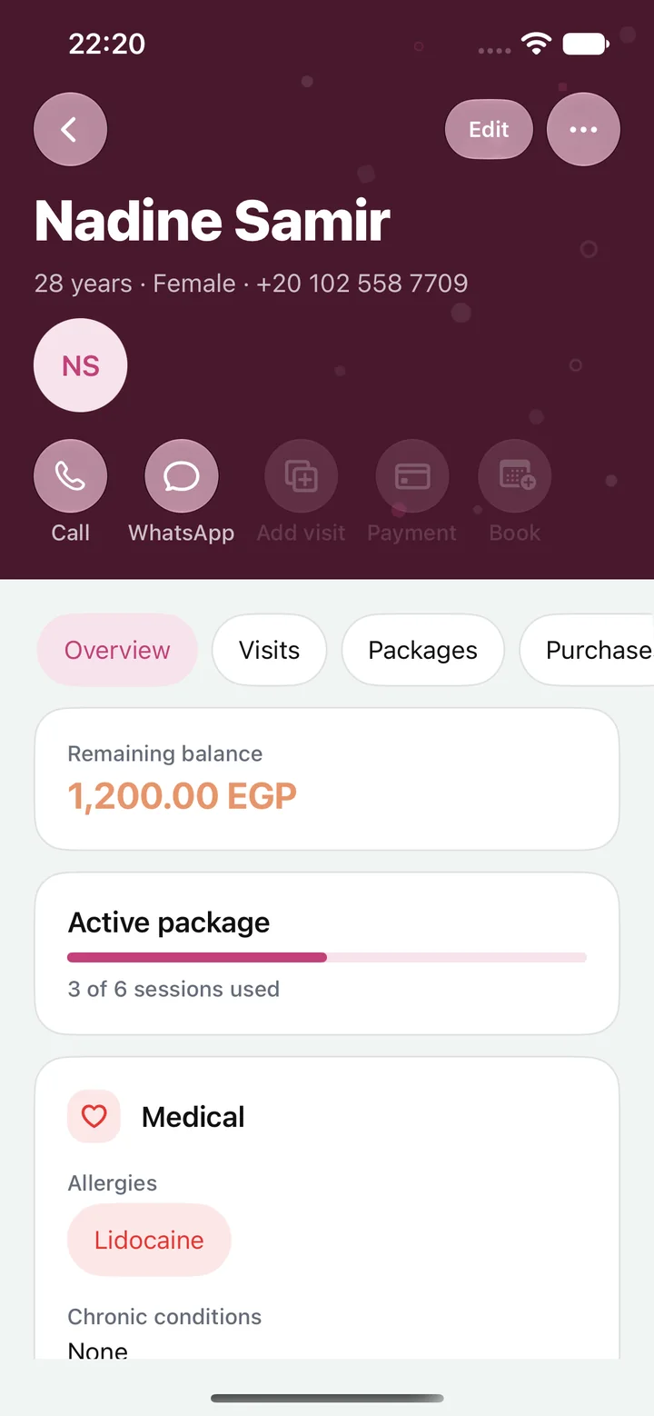 Climo patient record with balance, active package and medical notes