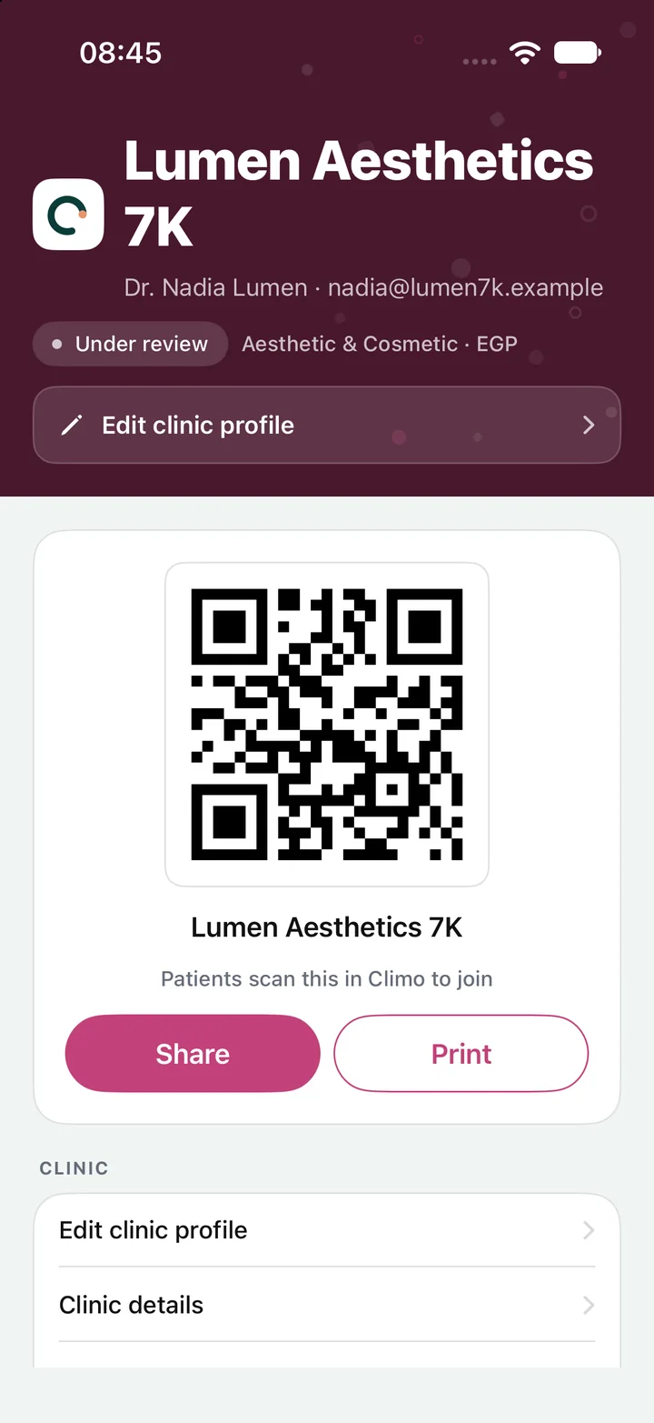 Climo clinic profile with the QR code patients scan to join